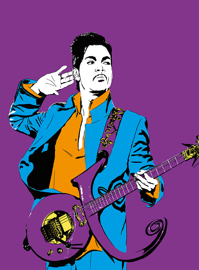 colorful digital illustration of prince playing guitar with a purple background
