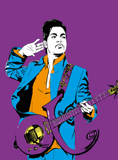 colorful digital illustration of prince playing guitar with a purple background