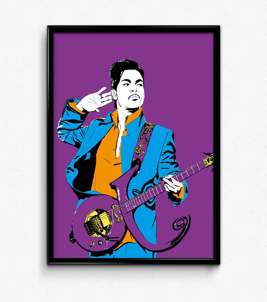 colorful digital illustration of prince playing guitar with a purple background framed poster