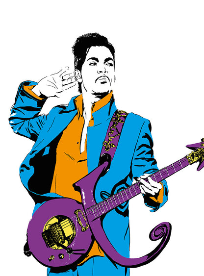 colorful digital illustration of prince playing guitar with a white background