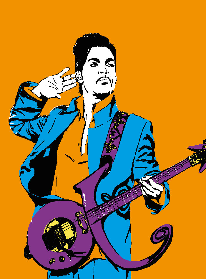 colorful digital illustration of prince playing guitar with a orange background