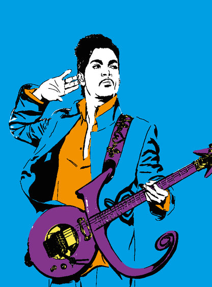 colorful digital illustration of prince playing guitar with a blue background
