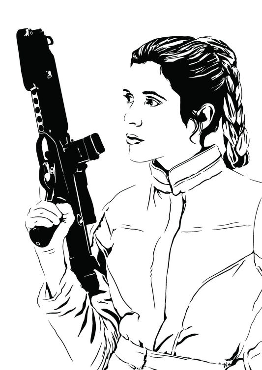digital illustration of princess leia organa from star wars trilogy black and white only holding a blaster rifle