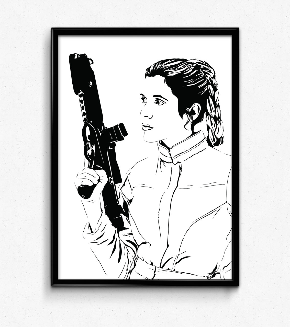 digital illustration of princess leia organa from star wars trilogy black and white only holding a blaster rifle framed art print poster