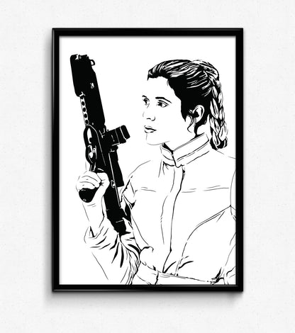 digital illustration of princess leia organa from star wars trilogy black and white only holding a blaster rifle framed art print poster