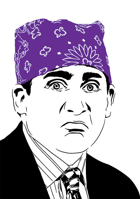 digital illustration of prison mike character by steve carrell as michael scott on the office, wearing a purple bandana 