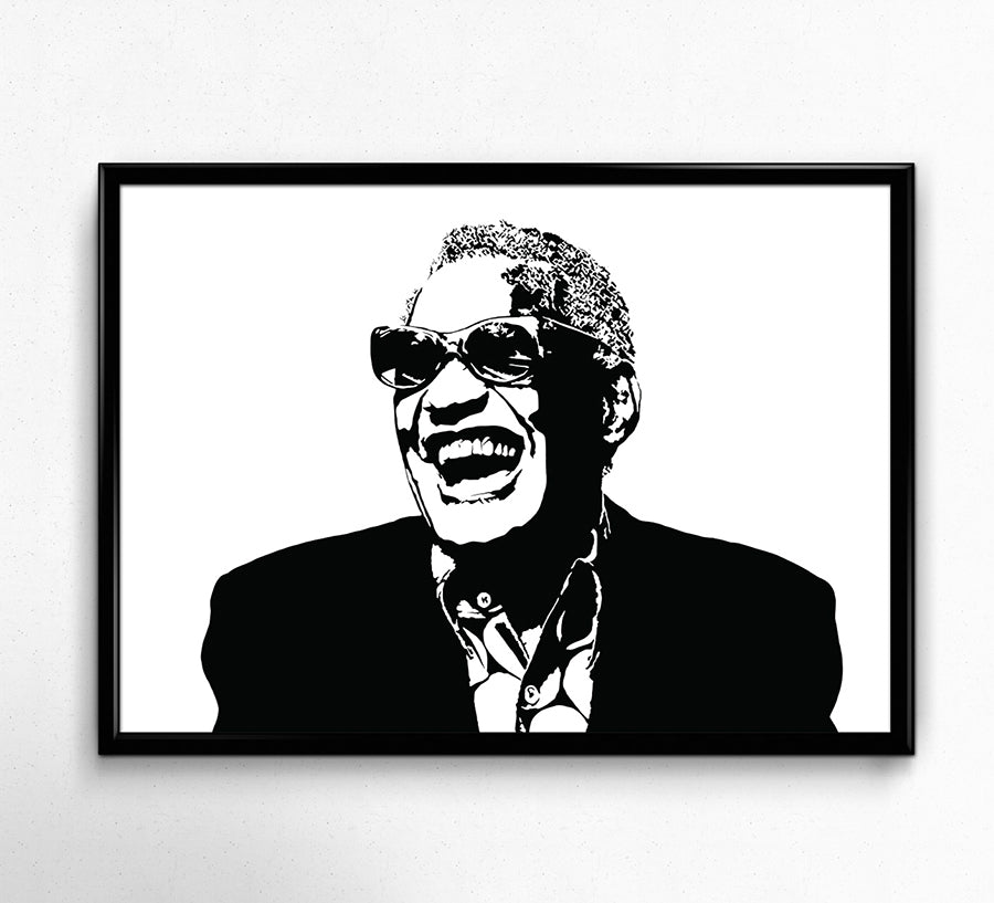 black and white digital illustration portrait of ray charles framed print