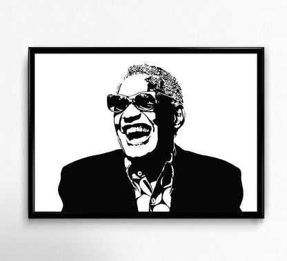 black and white digital illustration portrait of ray charles framed print