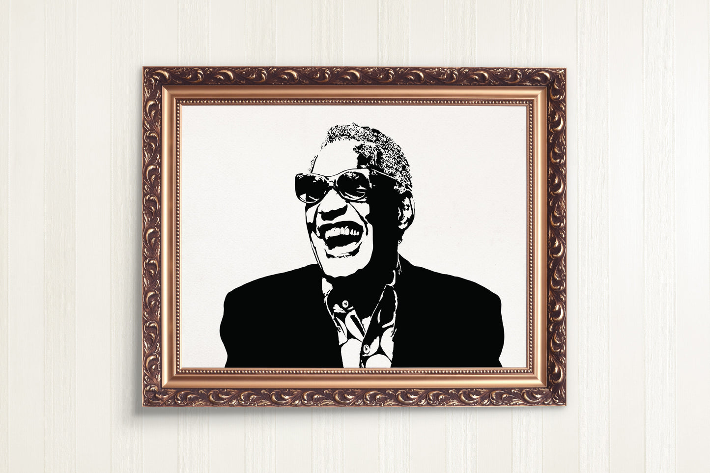 black and white digital illustration portrait of ray charles framed poster