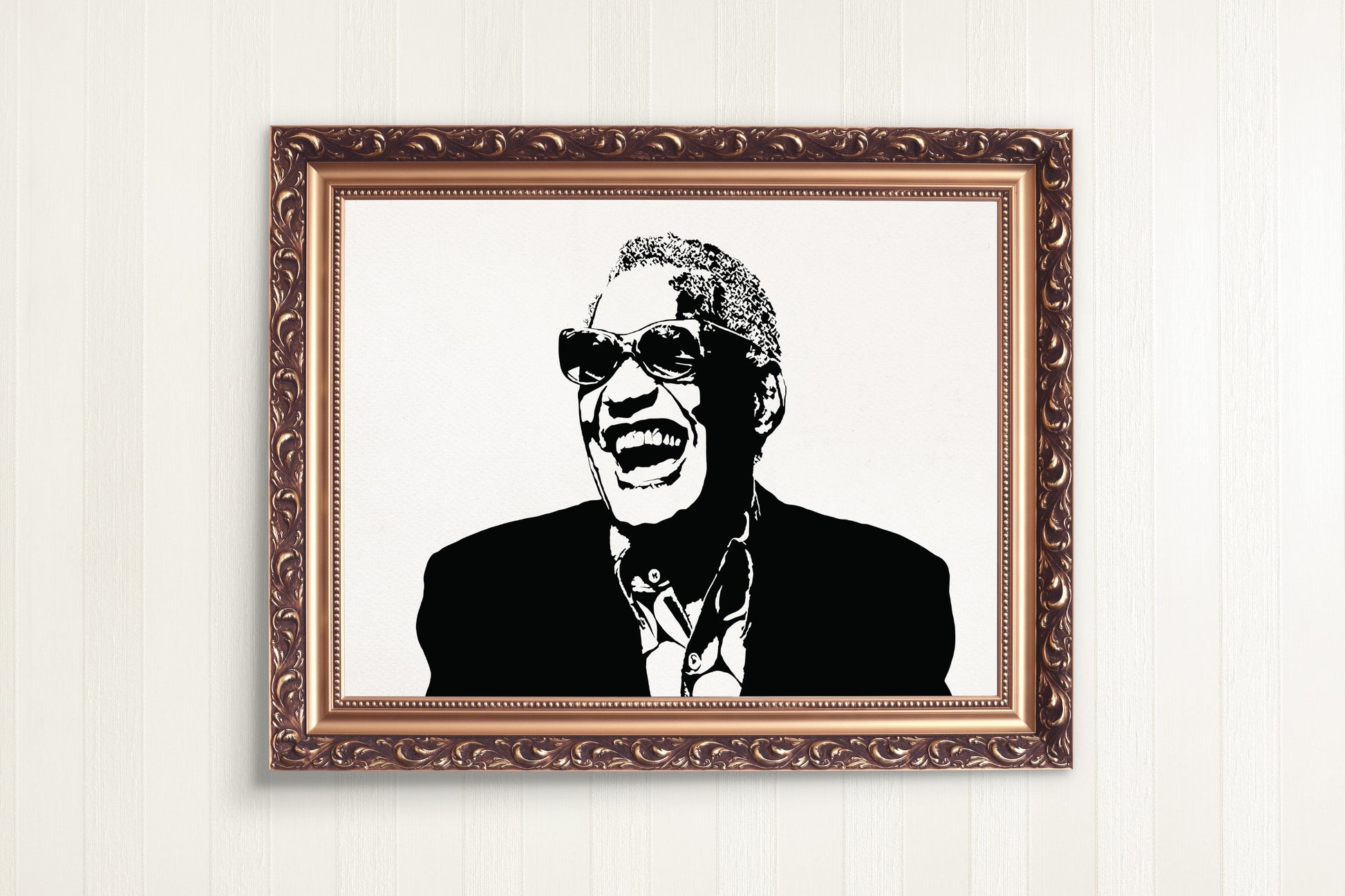 black and white digital illustration portrait of ray charles framed poster