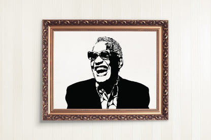 black and white digital illustration portrait of ray charles framed poster