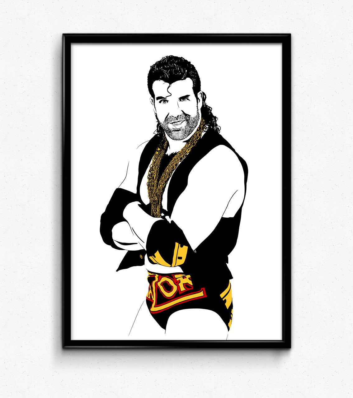 digital minimalist stencil illustration of professional wrestling legend razor ramon played by scott hall , framed art print