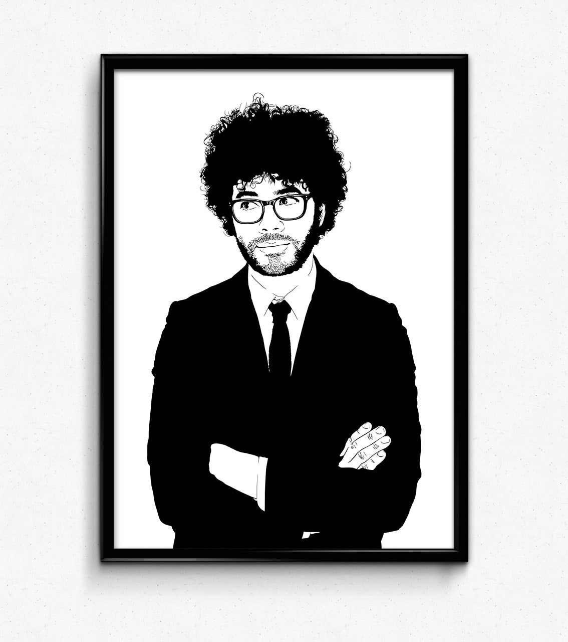 digital minimalist stencil illustration of british comedian richard ayoade wearing a suit, glasses, and with his large afro, framed art print