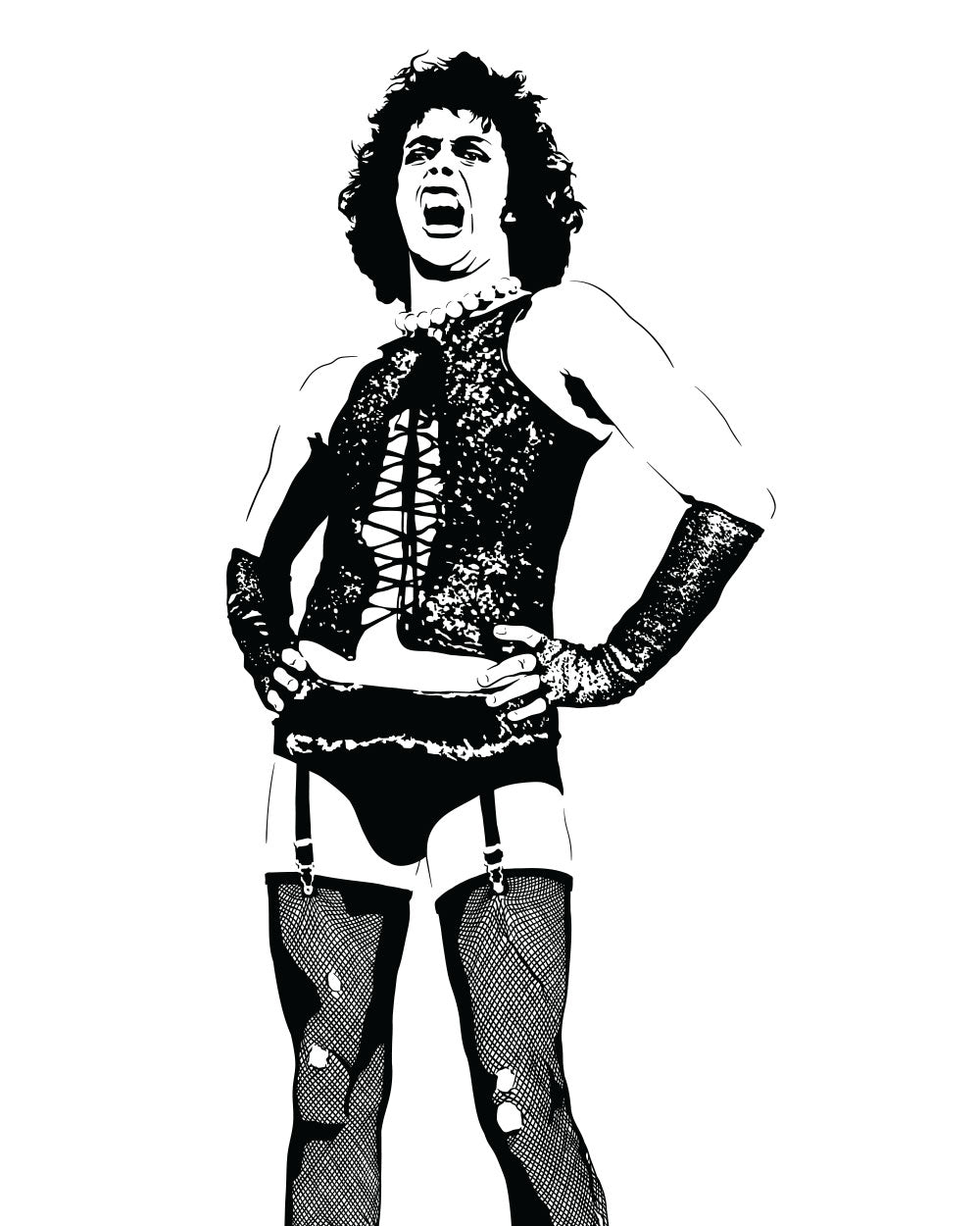 black and white digital illustration of tim curry as dr frank-n-furter from the rocky horror picture show in corset and fishnets