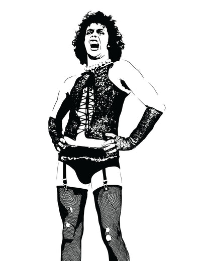 black and white digital illustration of tim curry as dr frank-n-furter from the rocky horror picture show in corset and fishnets