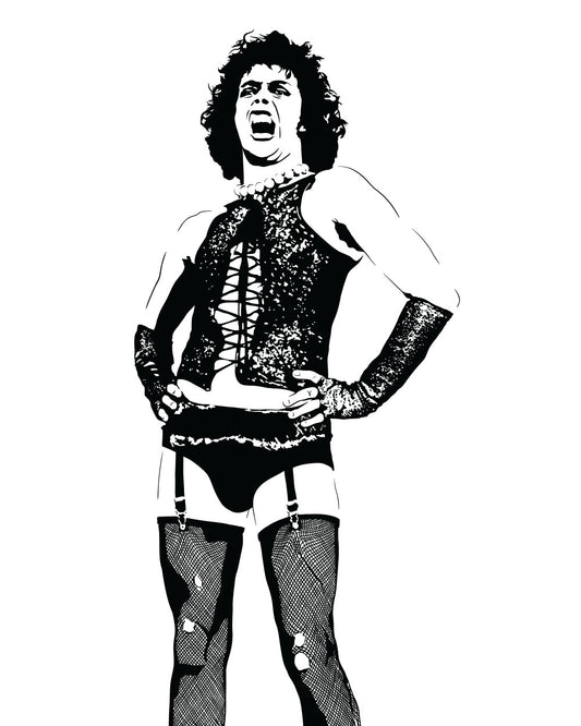 black and white digital illustration of tim curry as dr frank-n-furter from the rocky horror picture show in corset and fishnets