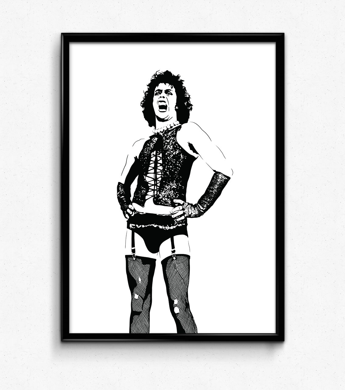 black and white digital illustration of tim curry as dr frank-n-furter from the rocky horror picture show in corset and fishnets framed poster