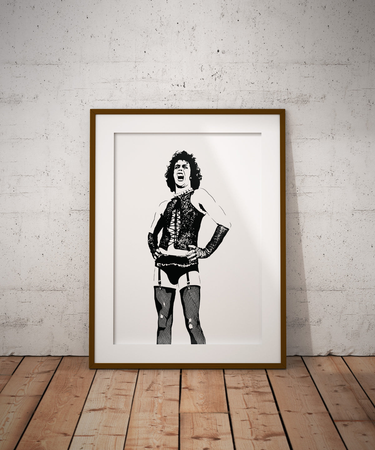 black and white digital illustration of tim curry as dr frank-n-furter from the rocky horror picture show in corset and fishnets framed print