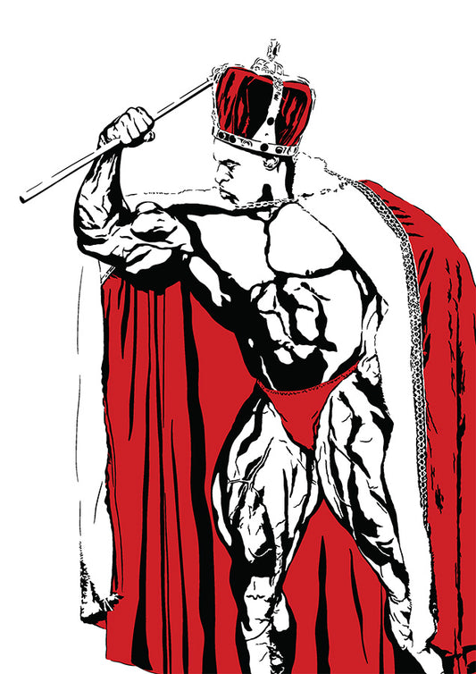 black white and red illustration of bodybuilder ronnie coleman wearing a cape and crown after winning mr olympia contest