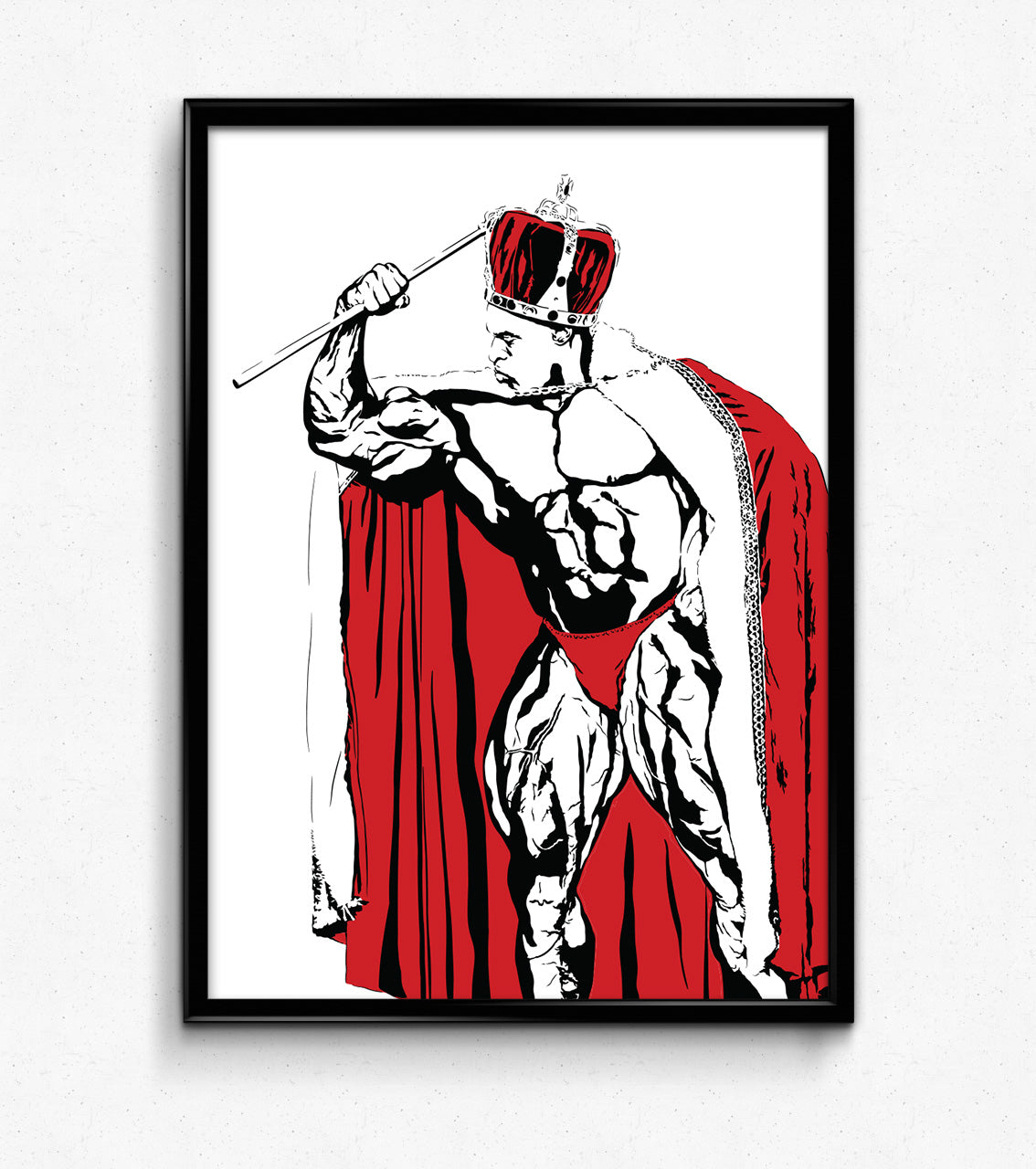 black white and red illustration of bodybuilder ronnie coleman wearing a cape and crown after winning mr olympia contest framed art print
