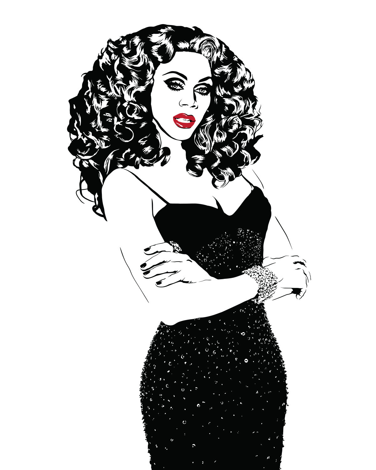 black and white digital illustration portrait of rupaul with lips colored in