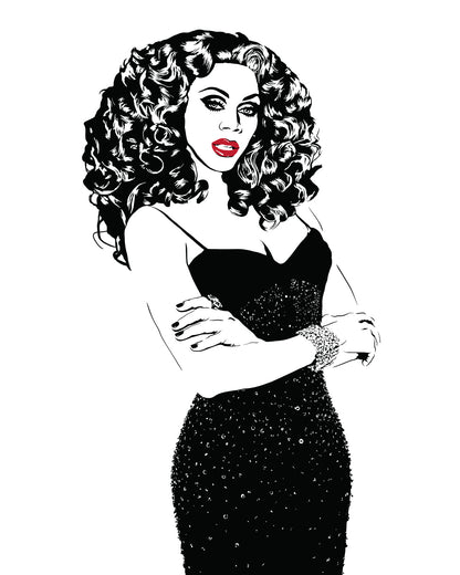 black and white digital illustration portrait of rupaul with lips colored in