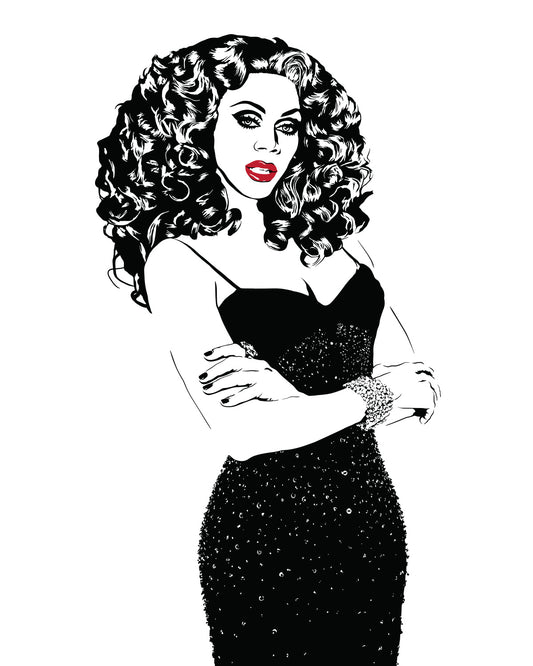 black and white digital illustration portrait of rupaul with lips colored in