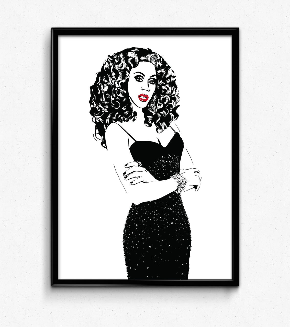 black and white digital illustration portrait of rupaul with lips colored in framed print