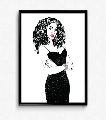 black and white digital illustration portrait of rupaul with lips colored in framed print