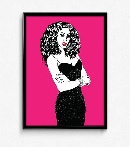 black and white digital illustration portrait of rupaul with lips colored in pink background framed poster