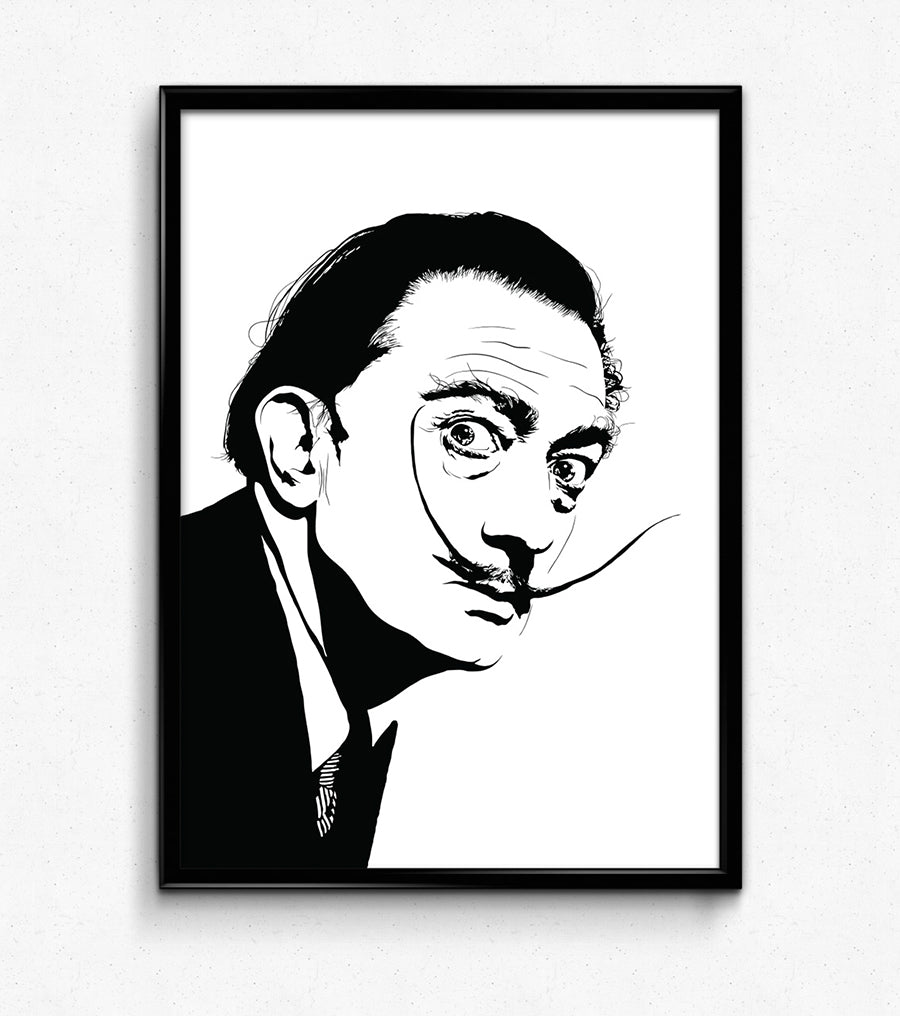 black and white digital illustration portrait of salvador dali portrait long mustache framed art print