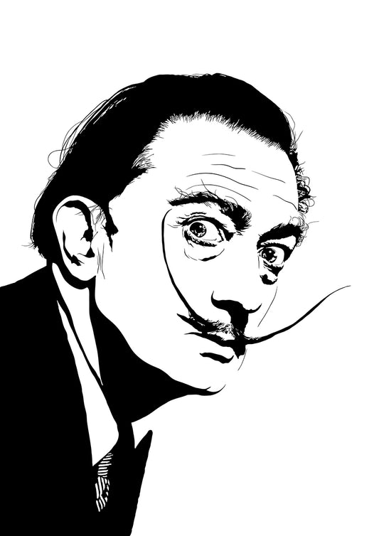 black and white digital illustration portrait of salvador dali portrait long mustache