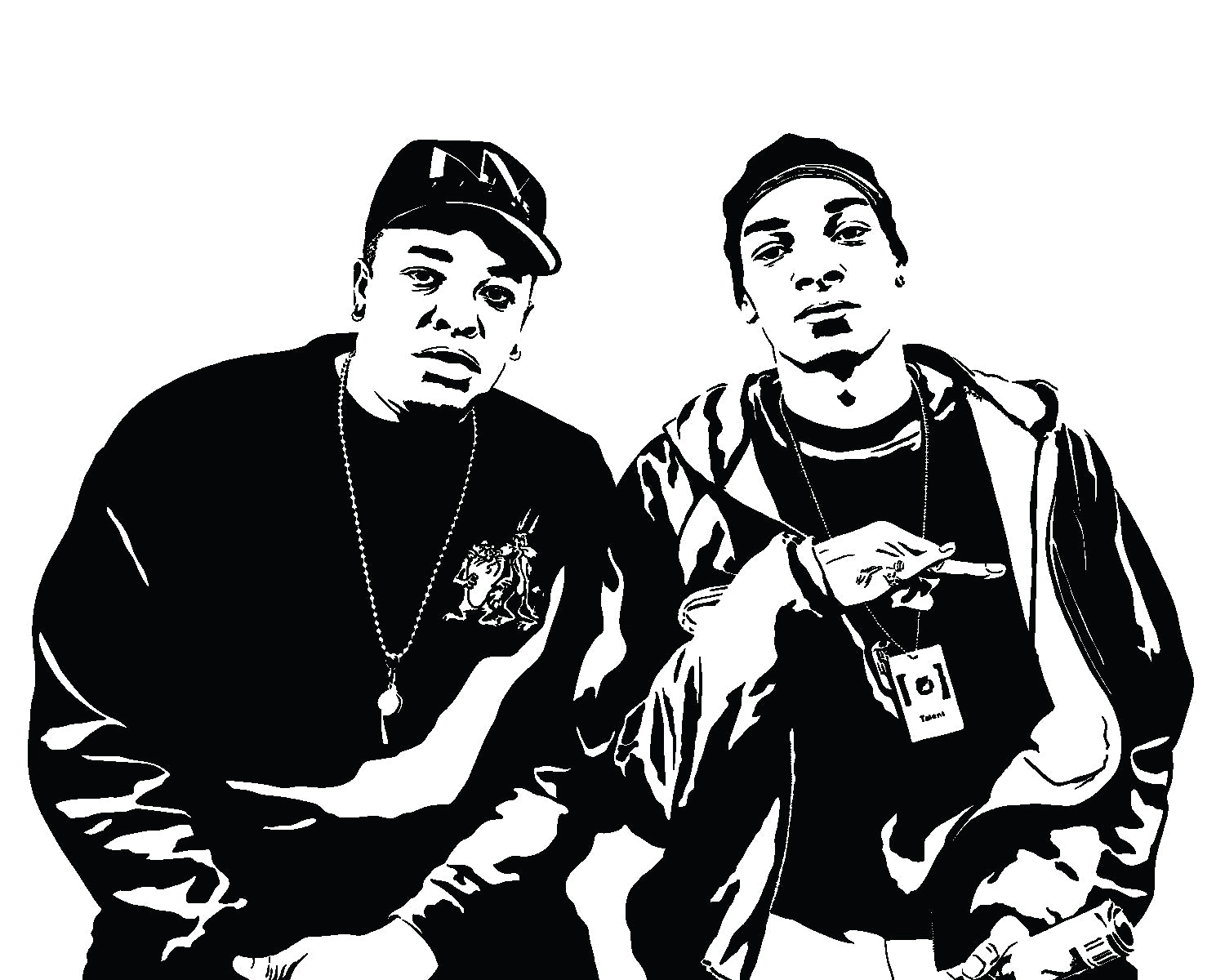 black and white digital illustration of snoop dogg and dr dre sitting together, west coast hip hop pop art