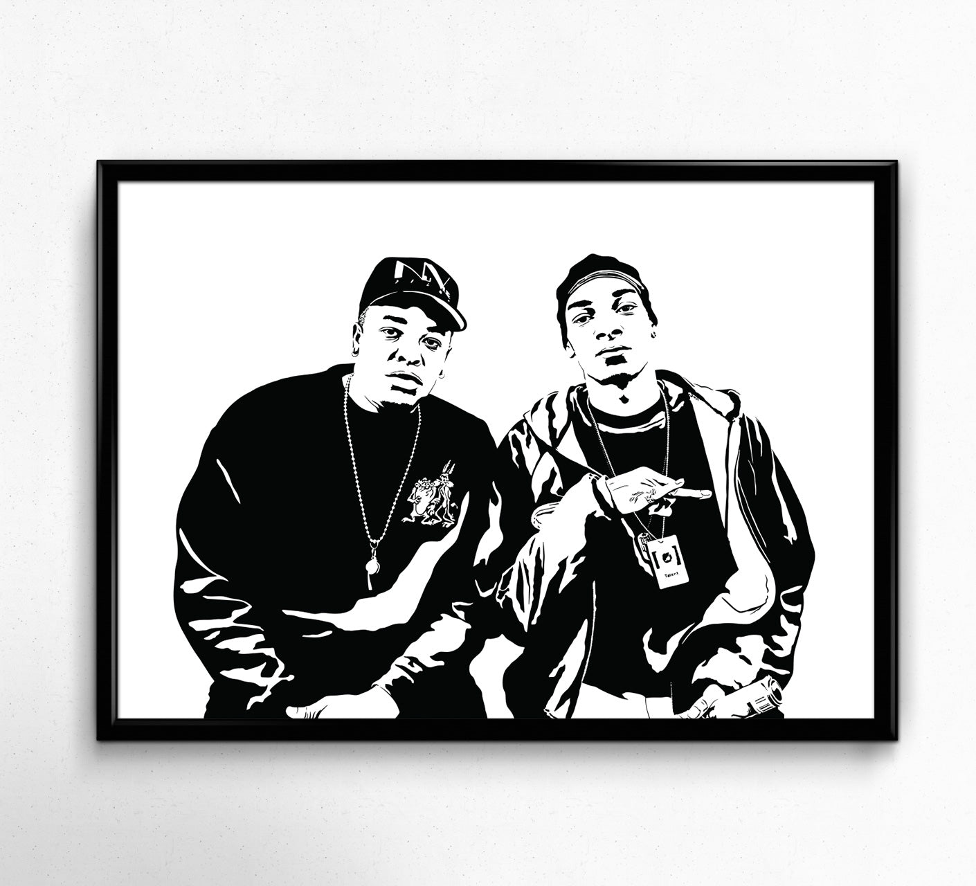 black and white digital illustration of snoop dogg and dr dre sitting together, west coast hip hop pop art framed poster