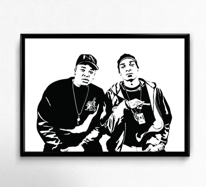 black and white digital illustration of snoop dogg and dr dre sitting together, west coast hip hop pop art framed poster