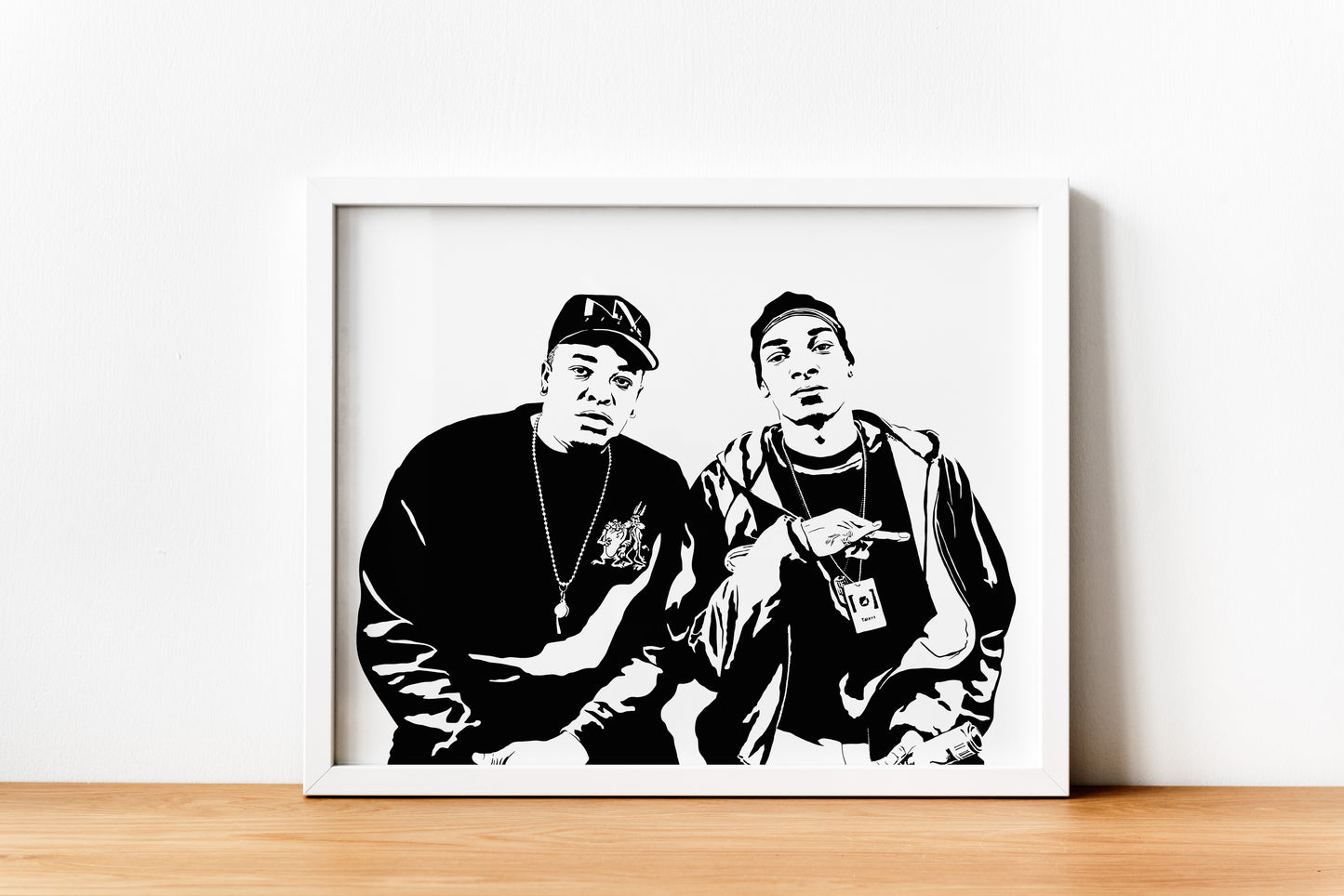 black and white digital illustration of snoop dogg and dr dre sitting together, west coast hip hop pop art framed print