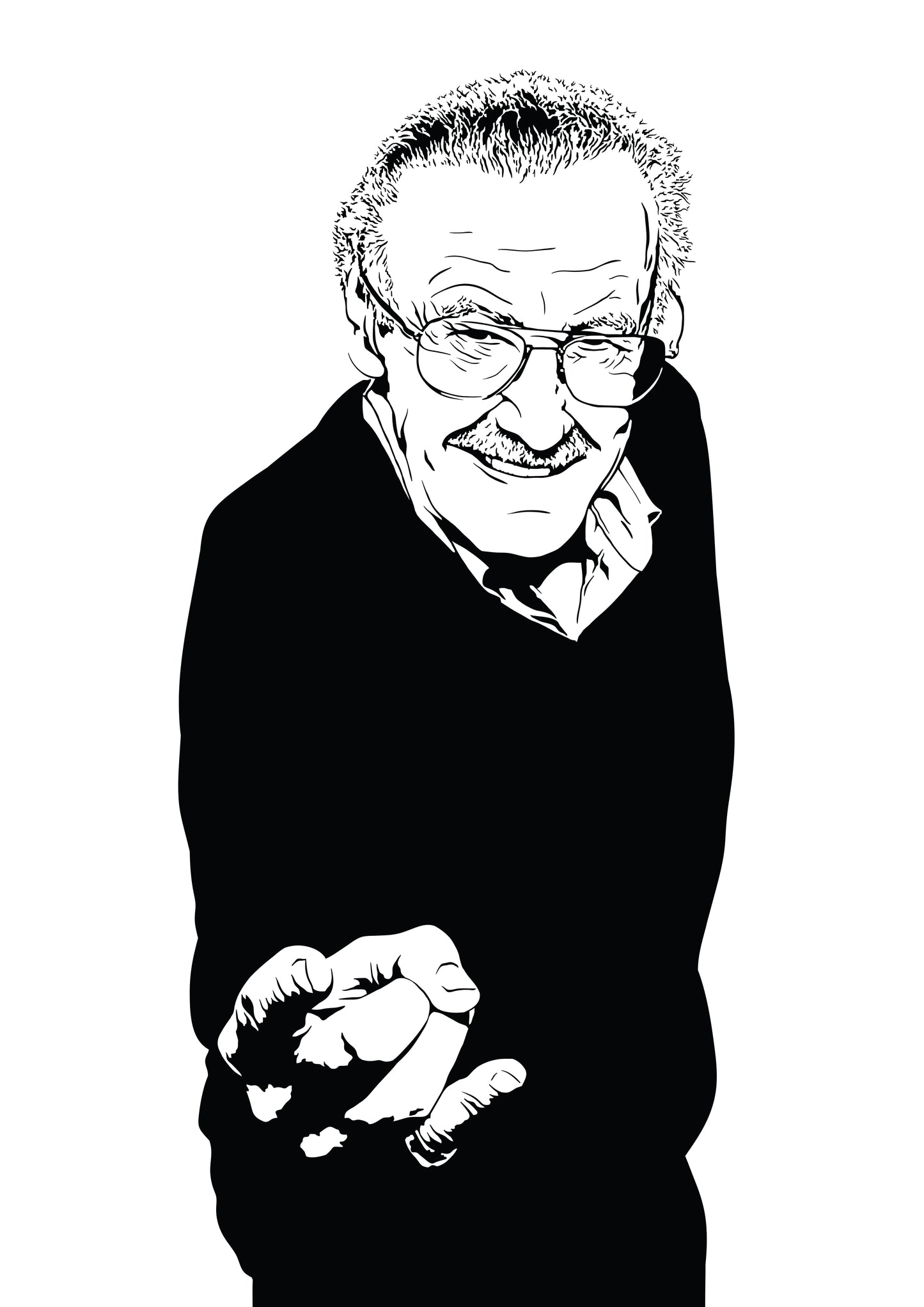 black and white digital illustration portrait of stan lee posing like spiderman