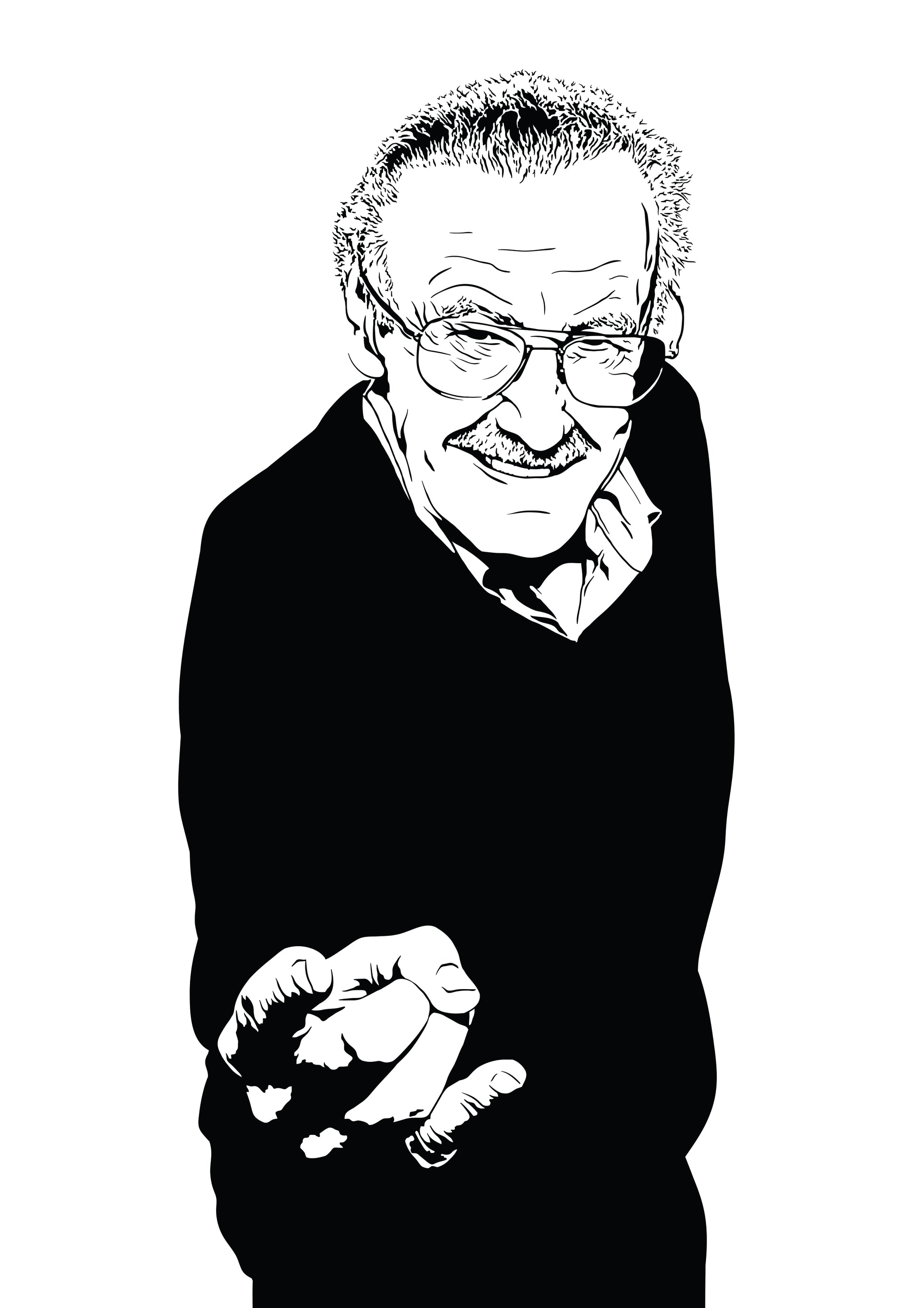 black and white digital illustration portrait of stan lee posing like spiderman