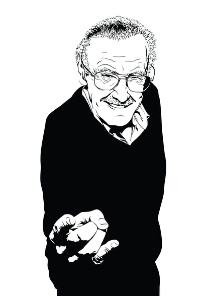 black and white digital illustration portrait of stan lee posing like spiderman