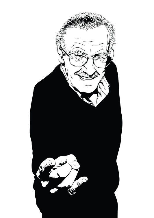black and white digital illustration portrait of stan lee posing like spiderman