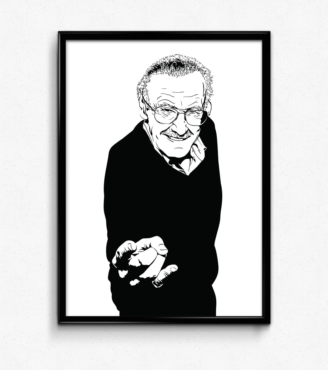 black and white digital illustration portrait of stan lee posing like spiderman framed poster