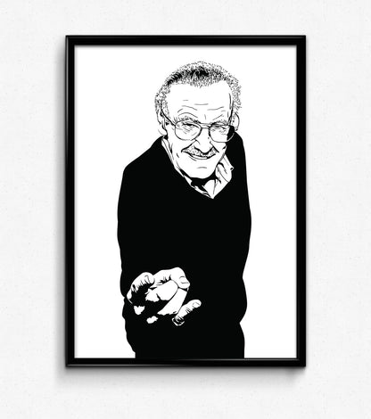 black and white digital illustration portrait of stan lee posing like spiderman framed poster