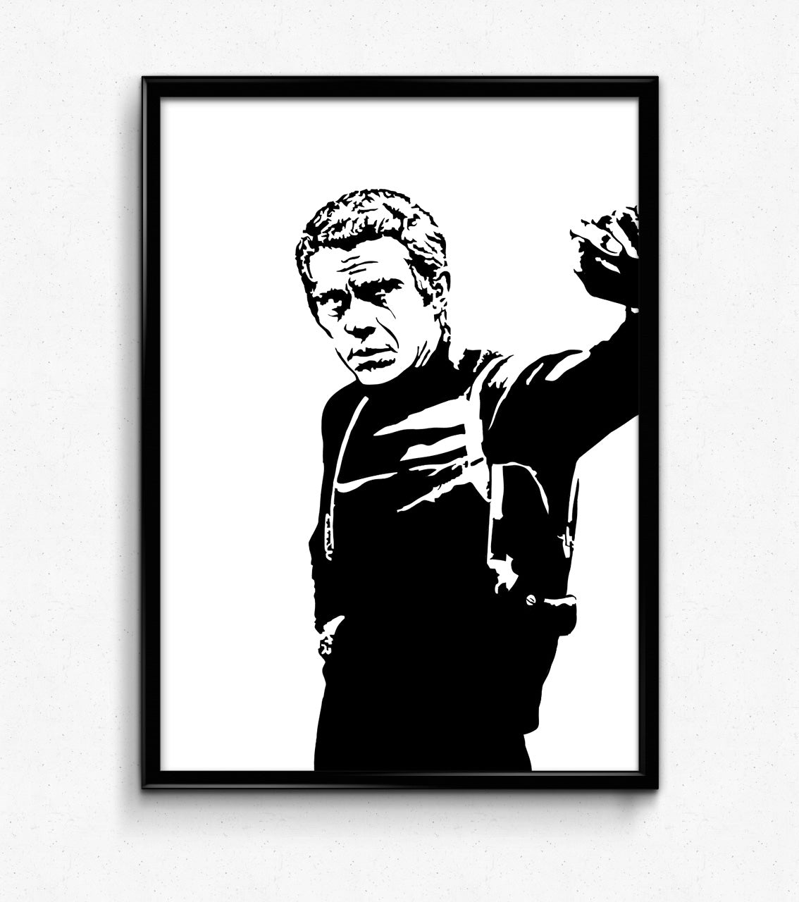black and white digital illustration portrait of steve mcqueen framed poster