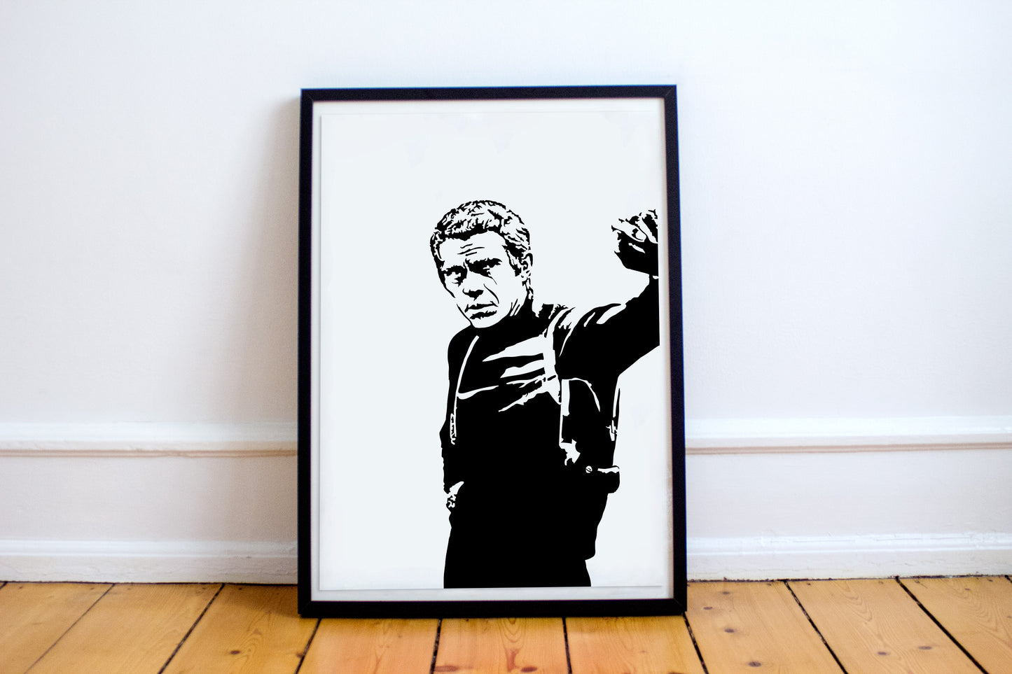 black and white digital illustration portrait of steve mcqueen framed print