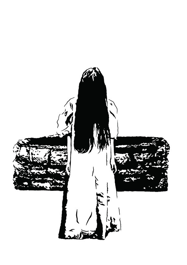 black and white art illustration of samara from the ring climbing out of the well in The Ring