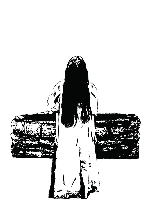 black and white art illustration of samara from the ring climbing out of the well in The Ring