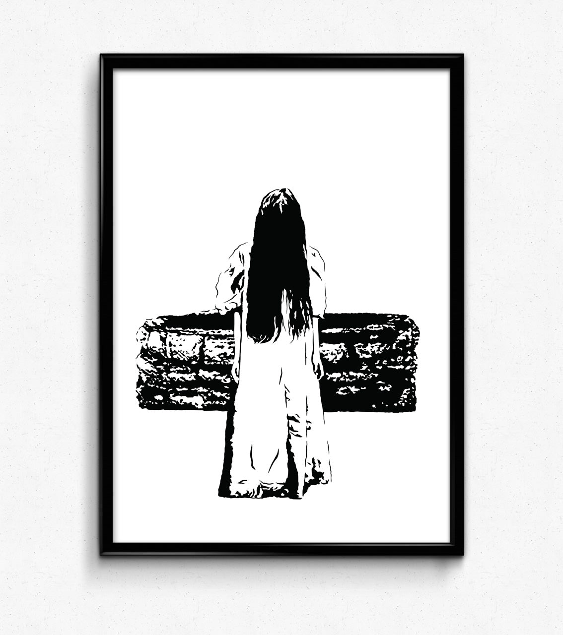 black and white art illustration of samara from the ring climbing out of the well in The Ring framed print