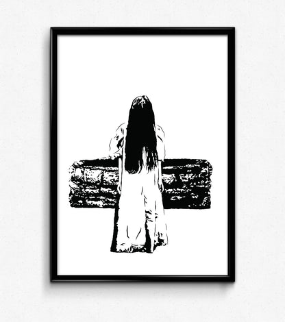 black and white art illustration of samara from the ring climbing out of the well in The Ring framed print