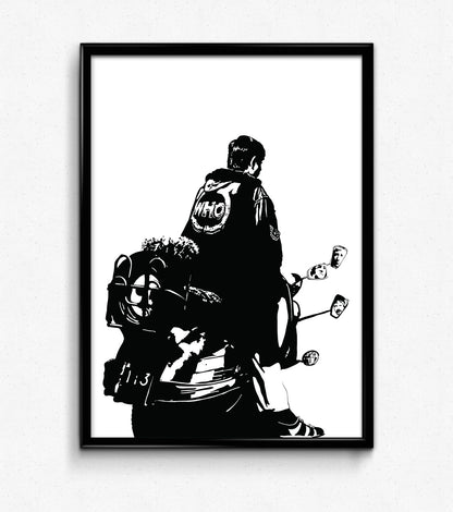 black and white digital illustration of jimmy on his scooter from the who's quadrophenia album cover poster