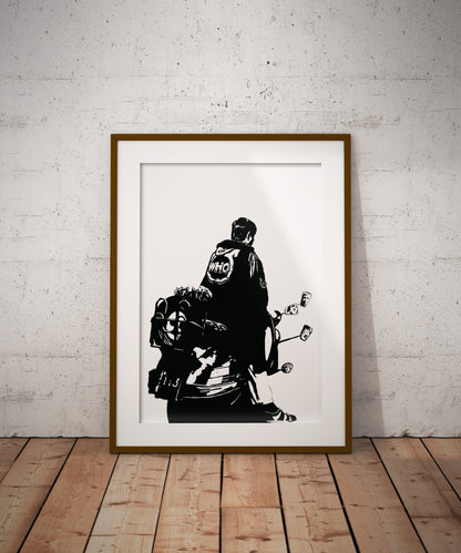black and white digital illustration of jimmy on his scooter from the who's quadrophenia album cover framed print
